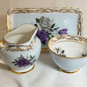 Sutherland Bone China Creamer and Sugar Set: Purple Rose Staffordshire England