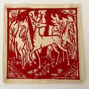 Susan Willard Flint Linocut Print – Red Reindeer on Paper – Vintage Printmaking Art