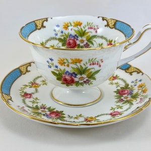 Shelley Dubarry Cup and Saucer, Blue w/ Floral Garland, English Bone China 6 oz Victorian Style Teacup in Excellent Condition