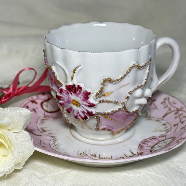 Pink Lusterware Demitasse Cup and Saucer - Antique Pink Luster Small Cup Made in Germany - German Lusterware