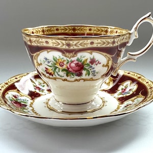 Royal Albert Lady Hamilton Cup & Saucer – Vintage 1940s, Red and Gold Victorian Teacup