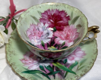 Vintage Cup and Saucer with Carnations by Chuba China - 1950's Japanese 3 Footed Teacup Pink Carnations - Made in Japan