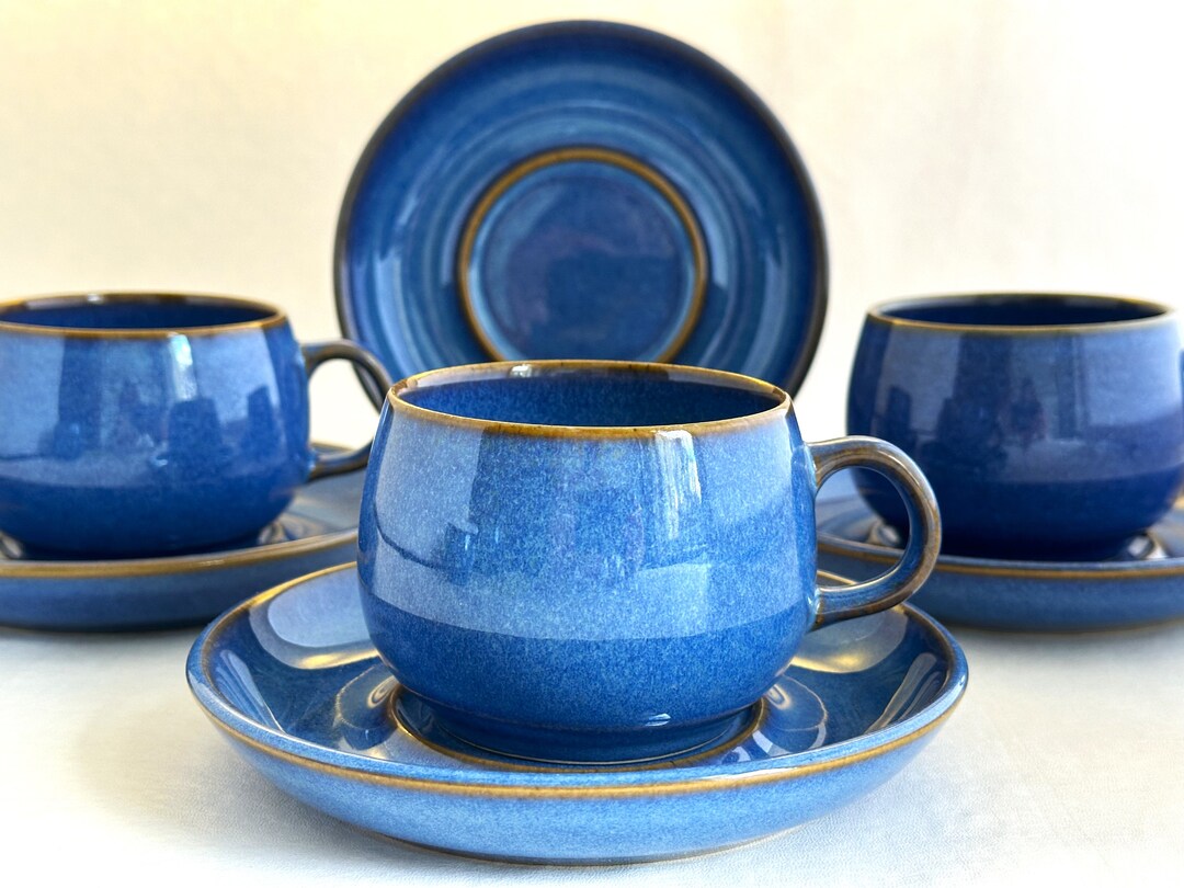 English Blue Stoneware Cups and Saucers Denbylangley Etsy