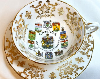Canada Coats-of-Arms Cup and Saucer by Paragon, 1960's Teacup w/ Canadian Emblems and Gold Decoration.  Fine Bone China Made in England