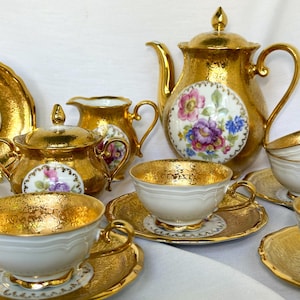 Gold Demitasse Tea Set: 1950s Marie Luise Seldmann Bavaria, Floral Porcelain