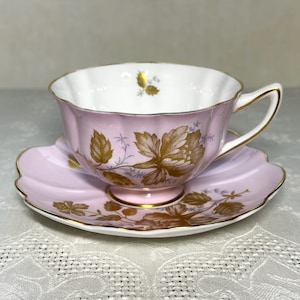 Pink Shelley Teacup Set: Gold Peonies, Atholl Shape, English Bone China