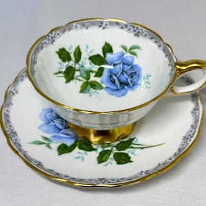 Vintage Royal Stafford Blue Rose Tea Cup and Saucer: English Bone China