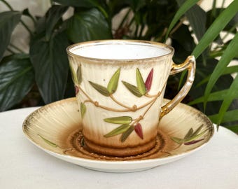 Antique German Cup and Saucer, Bamboo Pattern, Hand Painted Late 19th Century Victorian Tea Cup