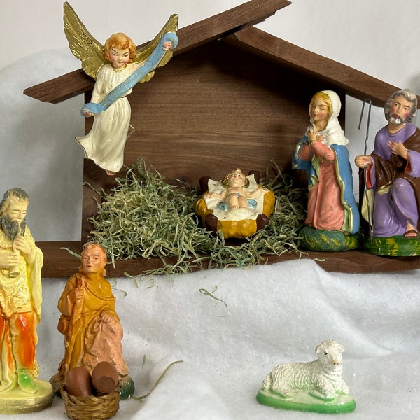 Mid Century Chalkware Nativity Set, Holy Family 4" Figurines and Wooden Creche, Made in Italy,