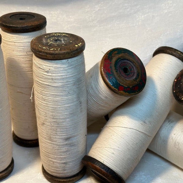 Wooden Textile Spools, Old 7 Inch Spool Bobbins with White Thread - Sold Individually