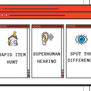 以下が含まれることがあります： レトロなコンピューターインターフェースのデジタルイラスト。4つのウィンドウがあり、それぞれにアイコンとテキストが表示されています。「RAPID ITEM HUNT」、「SUPERHUMAN HEARING」、「SPOT THE DIFFERENCE」、「WHAT'S WRONG?」