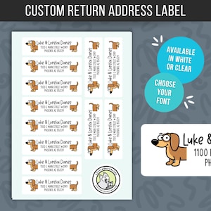 Peut inclure: Feuille d'&eacute;tiquettes d'adresse personnalis&eacute;es avec un dessin anim&eacute; de teckel. Les &eacute;tiquettes affichent le nom "Luke & Lorelai Danes" et les coordonn&eacute;es. Le design propose des options pour choisir la police et la couleur de l'&eacute;tiquette.