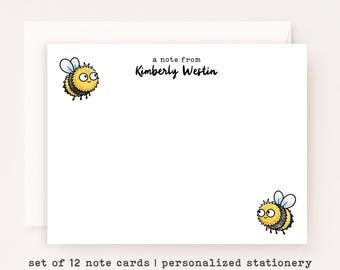 Personalized Bumble Bee Stationery Set • Cute Honey Bee Custom Name Notecards (Set of 12)