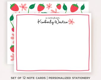 Personalized Cherry Strawberry Stationery Set • Custom Name Flat Notecards • Fruit Thank You Cards • Cute Stationery Gift • Set of 12