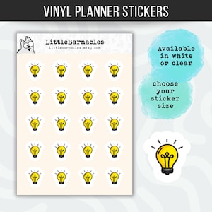 May include: A sheet of 20 vinyl planner stickers featuring a yellow lightbulb design. The stickers are available in white or clear and can be customized in different sizes. The text "LittleBarnacles" and "littlebarnacles.etsy.com" is printed at the top of the sheet.