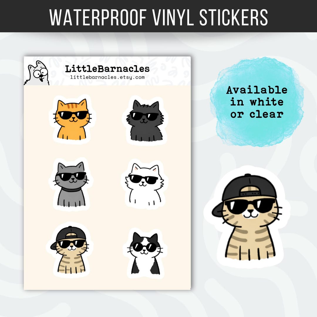 Cool Cat Sticker Sheet • Funny Mini Cat Stickers • Waterproof Vinyl ...