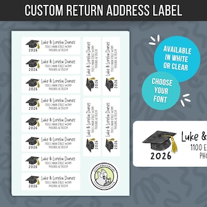May include: Custom return address labels with a graduation theme. The labels feature a black graduation cap, the year 2026, and the name and address of Luke & Lorelai Danes. Available in white or clear with customizable fonts.