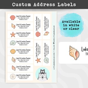May include: A sheet of custom address labels featuring various seashell and starfish illustrations alongside the text Luke & Lorelai Danes 1100 E Main Street #3149 Phoenix, AZ 85024. The sheet includes a cat graphic and text stating Available in white or clear.