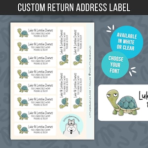 May include: A sheet of custom return address labels featuring a cartoon turtle illustration and the text Luke & Lorelai Danes, 1100 E Main Street #3149, Phoenix, AZ 85024. The sheet includes multiple label orientations and a circular logo.
