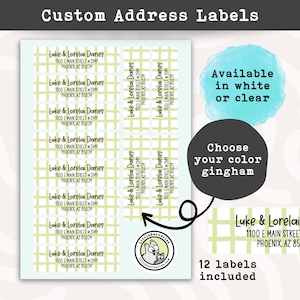May include: A sheet of twelve rectangular custom address labels featuring a light green gingham pattern and black text reading Luke & Lorelai Danes, 1100 E Main Street #3149, Phoenix, AZ 85024. The sheet includes a circular logo with a cat illustration.