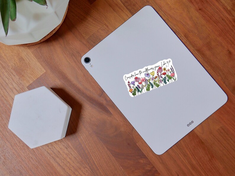 K&ouml;nnte beinhalten: Ein rechteckiger Aufkleber mit einem bunten Wildblumen-Design und dem Text "Seht die Lilien, wie sie wachsen. Lukas 12,27". Er zeigt Blumen in Rosa, Lila, Gelb und Gr&uuml;n.