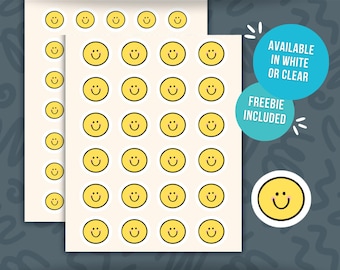 May include: A sheet of yellow smiley face planner stickers with black facial features. The text reads SMILEY FACE PLANNER STICKER, AVAILABLE IN WHITE OR CLEAR, FREEBIE INCLUDED, and CHOOSE 1/2 INCH OR 3/4 INCH. The stickers are round with a white border.