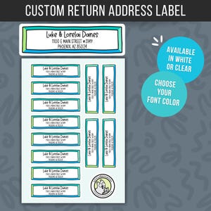May include: A sheet of custom return address labels featuring a teal border and black text reading Luke & Lorelai Danes, 1100 E Main Street #3149, Phoenix, AZ 85024. The sheet includes horizontal and vertical labels and a circular logo with two cats.