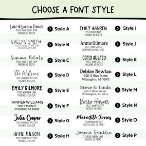Peut inclure: Image pr&eacute;sentant des options de styles de police. Le texte "CHOOSE A FONT STYLE" est en haut. Des exemples de noms et d'adresses sont affich&eacute;s, chacun associ&eacute; &agrave; une option de style de police, &eacute;tiquet&eacute;e de A &agrave; P.