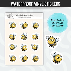 May include: Waterproof vinyl stickers featuring cartoon bees with yellow and black stripes, white wings, and various facial expressions. The stickers are available in white or clear. The text "LittleBarnacles" and "littlebarnacles.com" are also visible.