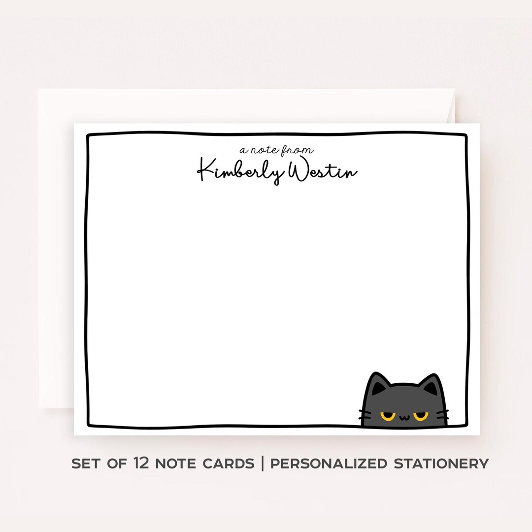 Personalized Black Cat Note Card Set, Custom Stationery Gift (set of 12 ...