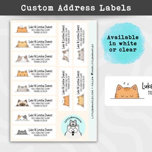 May include: A sheet of custom address labels featuring various cartoon cat illustrations and the text Luke & Lorelai Danes 1100 E Main Street #3149 Phoenix, AZ 85024. The labels are available in white or clear, with a Little Barnacles logo included.