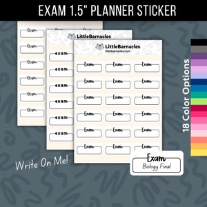 May include: A set of 1.5 inch planner stickers with the word "Exam" written on each sticker. The stickers are designed to be written on and are perfect for planning exams. The stickers are available in 18 different colors.