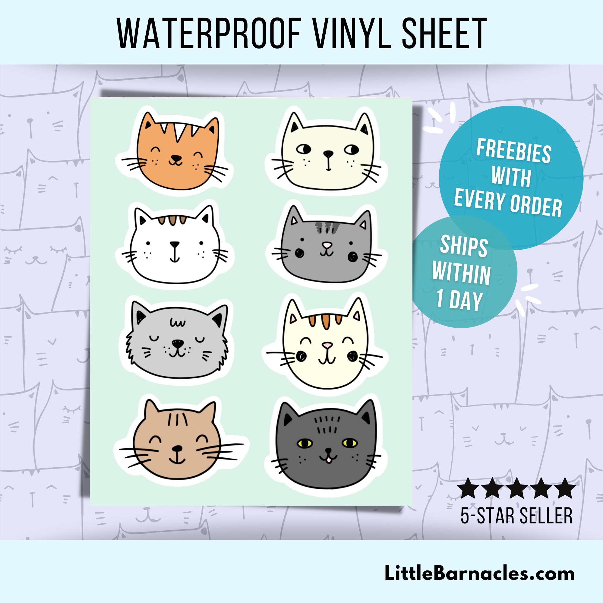 Mini Cat Sticker Sheet • Cute Cat Face Vinyl Stickers • Waterproof Cat ...