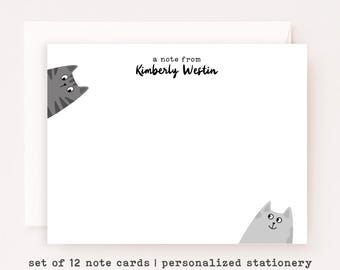 Personalized Gray Cat Stationery Set • Custom Name Notecards (Set of 12)