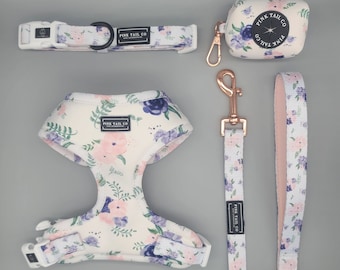 Spring Floral Dog Walk Set - Chest Harness - Collar - Leash - Waste Bag Pouch
