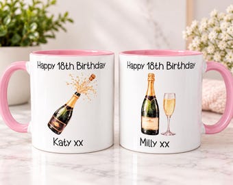 Personalised Birthday Mug, Custom Age & Name, Champagne Design, Choice of Mug Colours