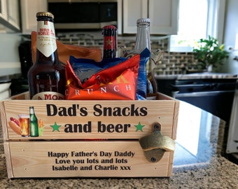 Father’s Day crate, snack and beer with bottle opener, persobalised crate, any name any message…
