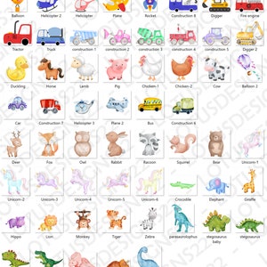 Op de afbeelding: Een kleurrijk diagram met illustraties van verschillende dieren, voertuigen en objecten. Het diagram bevat een luchtballon, een helikopter, een vliegtuig, een raket, een tractor, een vrachtwagen, een bouwvoertuig, een graafmachine, een brandweerwagen, een eendje, een paard, een lam, een varken, een kip, een koe, een auto, een bus, een hert, een vos, een uil, een konijn, een wasbeer, een eekhoorn, een beer, een eenhoorn, een krokodil, een olifant, een giraffe, een nijlpaard, een leeuw, een aap, een tijger, een zebra, een parasaurolophus, een stegosaurus, een trex en een triceratops.