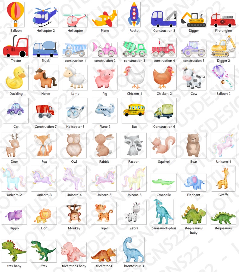 Op de afbeelding: Een kleurrijk diagram met illustraties van verschillende dieren, voertuigen en objecten. Het diagram bevat een luchtballon, een helikopter, een vliegtuig, een raket, een tractor, een vrachtwagen, een bouwvoertuig, een graafmachine, een brandweerwagen, een eendje, een paard, een lam, een varken, een kip, een koe, een auto, een bus, een hert, een vos, een uil, een konijn, een wasbeer, een eekhoorn, een beer, een eenhoorn, een krokodil, een olifant, een giraffe, een nijlpaard, een leeuw, een aap, een tijger, een zebra, een parasaurolophus, een stegosaurus, een trex en een triceratops.