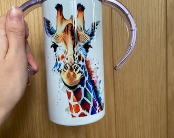 Adult sippy cup, 2 lids and a straw. Watercolour giraffe design
