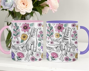 Personalised Holding Mum Hand Mug - Gift for her, Gift for Mum and Children, Gift for Nan, Grandchildren, 6 designs 8 mug colours, design3