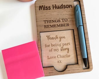 Personalised Wooden teacher sticky note and pen holder, desk organiser, teacher gift, end of term gift, thank you teacher