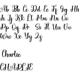 以下が含まれることがあります： アルファベットを筆記体で書いた白黒の画像。文字は2行に配置されており、最初の行は「A」から始まり「Hh」で終わります。2行目は「Ii」から始まり「Zz」で終わります。アルファベットの下に筆記体で「Charlie」と書いてあり、その下にすべて大文字で「CHARLIE」と書いてあります。