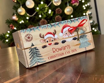 Christmas crate, Christmas eve crate, personalised Christmas Eve/Christmas crate. Christmas santa and reindeer design. Santa key included