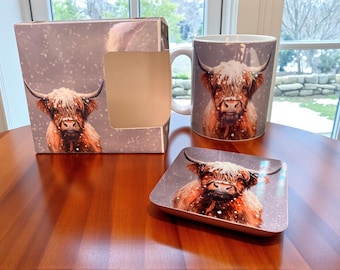 Winter Highland Cow Mug & Coaster Gift Set – Rustic Farmhouse Charm