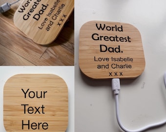 Personalised wireless bamboo  phone charger. Mother’s Day Father’s Day, birthday, Christmas gifts