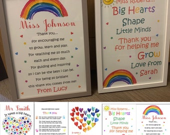 May include: Four framed rainbow-themed thank you cards for teachers. The cards feature a rainbow, a heart, and stars. The text on the cards reads "Miss Johnson Thank you... for encouraging me to grow, learn and play. For teaching me so much each and every day. For guiding and inspiring so I can be the best I can be. For being so brilliant this thank you comes from me! From Lucy", "Miss Roberts... Big Hearts Shape Little Minds Thank you for helping me Grow Love from Sarah", "Mr Smith It takes a big heart to shape little minds From Isabelle", and "Miss Roberts... Big Hearts Shape Little Minds Thank you for helping me Grow Love from Sarah".