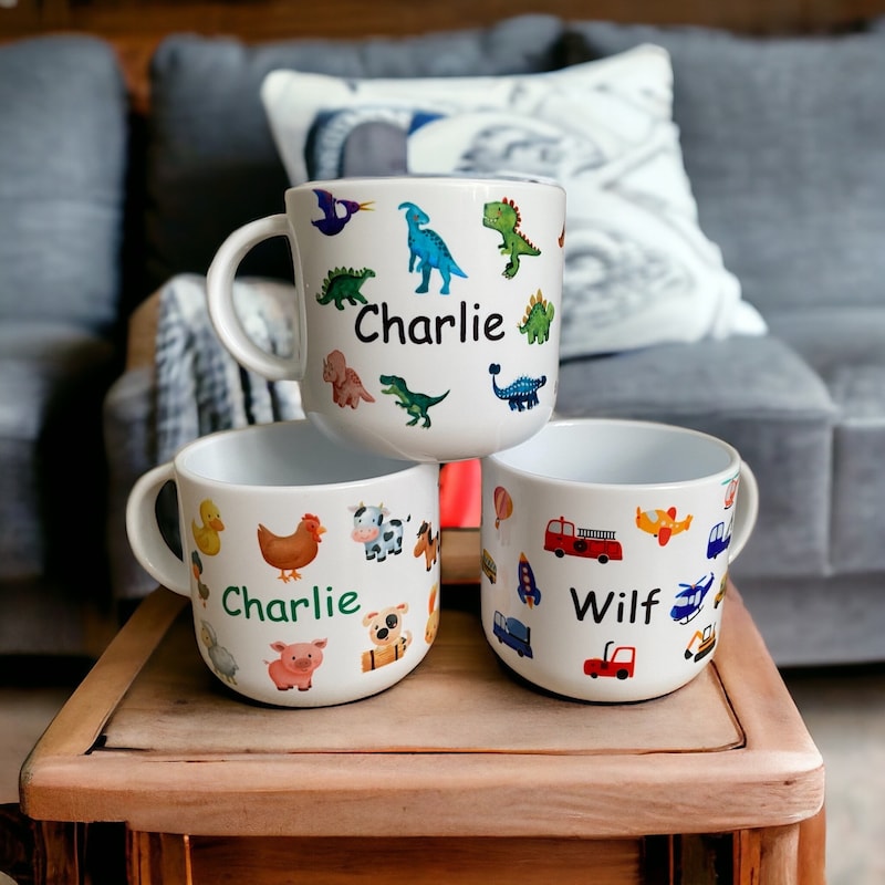 Personalised Children&#39;s unbreakable cups 6oz. Toddler cups. 11oz mugs available, 7 designs to choose from
