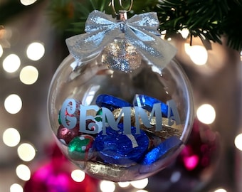 Large Personalised fillable bauble. Christmas chocolates,  bauble Gold, silver, red, pre filled