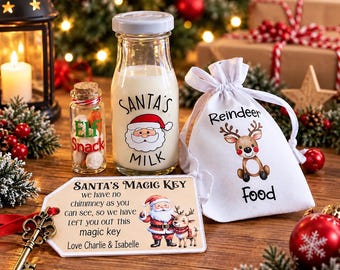 Personalised Christmas eve Set, Santa's milk, reindeer food, Santa's magic key and elf snacks. Stocking filler, Christmas eve box filler